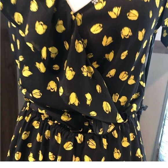 Who What Wear Yellow Black Ruffled Wrap Midi Dress - Picture 7 of 12